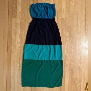 GAP Colorblock Navy/Green/Teal Strapless Maxi Dress, Size M